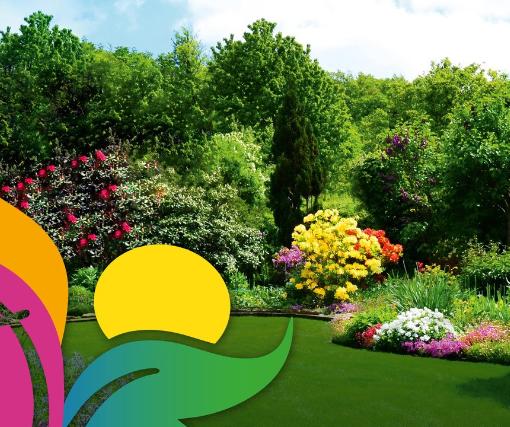 Ein Garten im Sonnenschein, der an das Paradies erinnert. Im Vordergrund ist das Logo der Katholischen Kirche für den Hessentag 2025 im Anschnitt