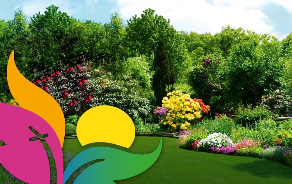 Ein Garten im Sonnenschein, der an das Paradies erinnert. Im Vordergrund ist das Logo der Katholischen Kirche für den Hessentag 2025 im Anschnitt