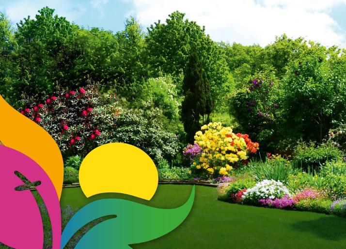 Ein Garten im Sonnenschein, der an das Paradies erinnert. Im Vordergrund ist das Logo der Katholischen Kirche für den Hessentag 2025 im Anschnitt