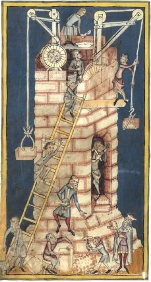 Bildnachweis: Auslegekran mit Laufrad,  Steinzange und Seilschlaufe. (c) Rudolf von Ems,  Weltchronik, 1340/50 (Zürich, Zentralbibl.,  Cod. Rh. 15, fol. 6v)