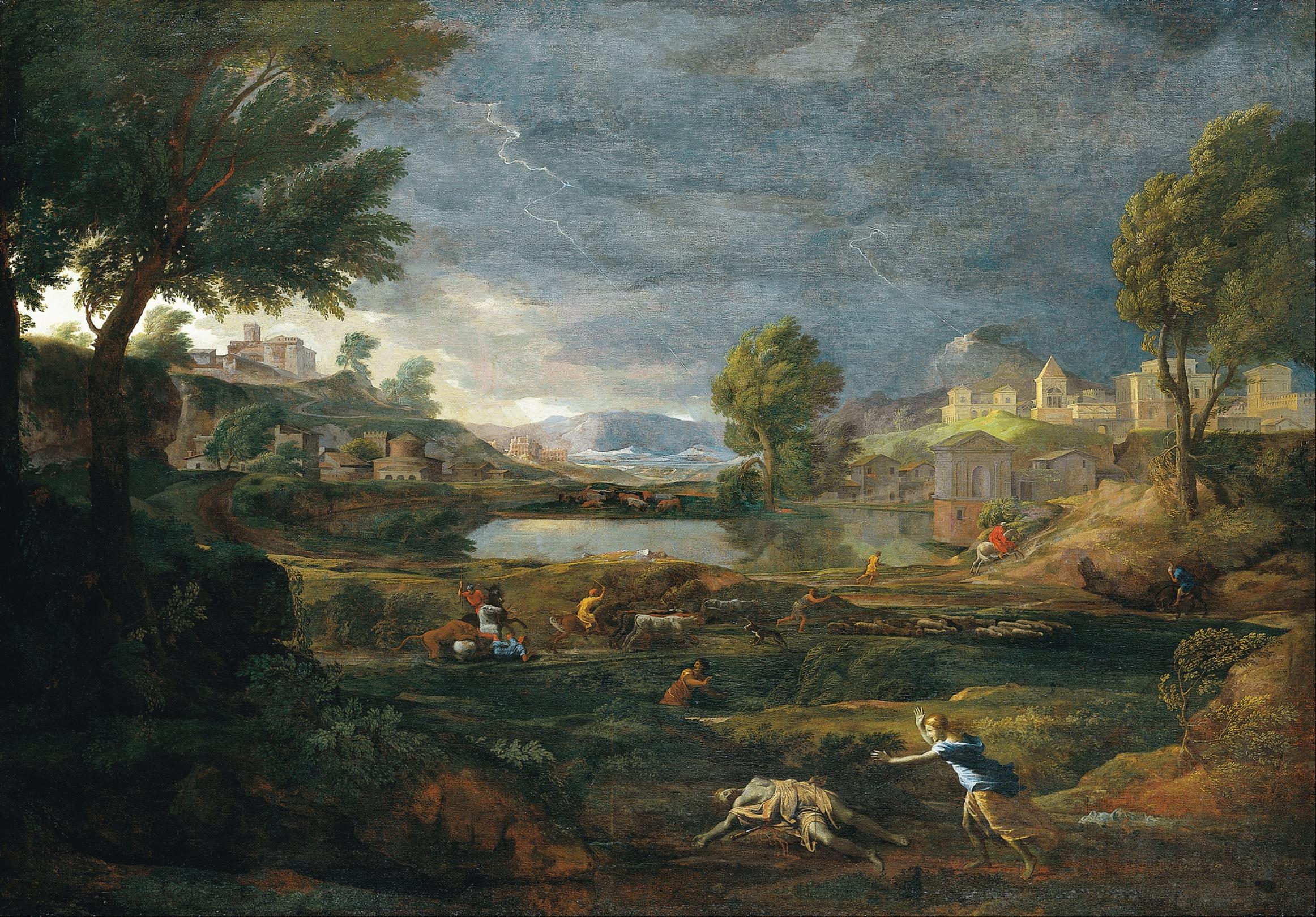 Nicolas Poussin, Gewitterlandschaft mit Pyramus und Thisbe, 1651