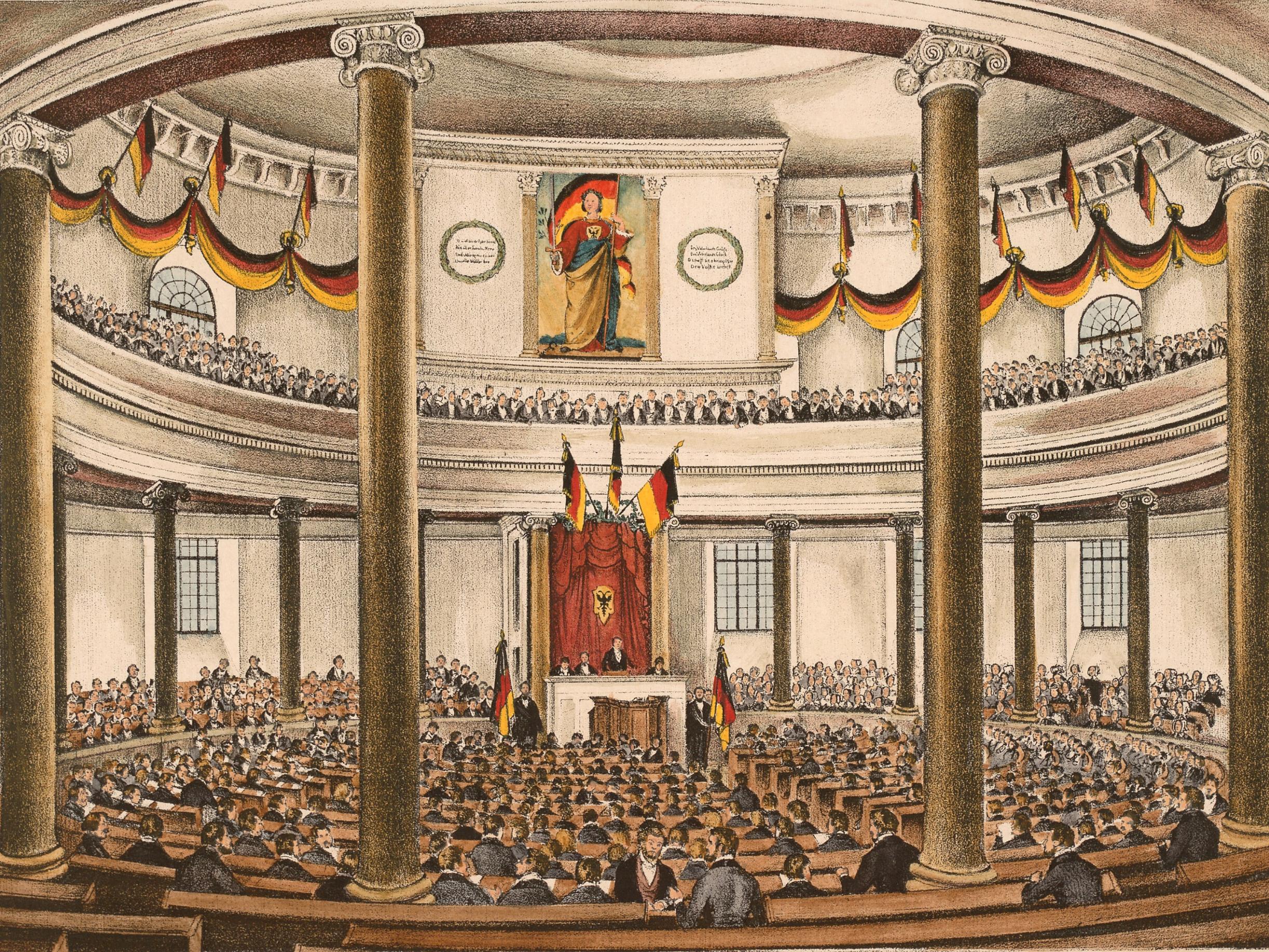 Zeitgenössige Lithografie der Nationalversammlung in der Paulskirche