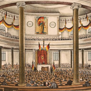 Zeitgenössige Lithografie der Nationalversammlung in der Paulskirche