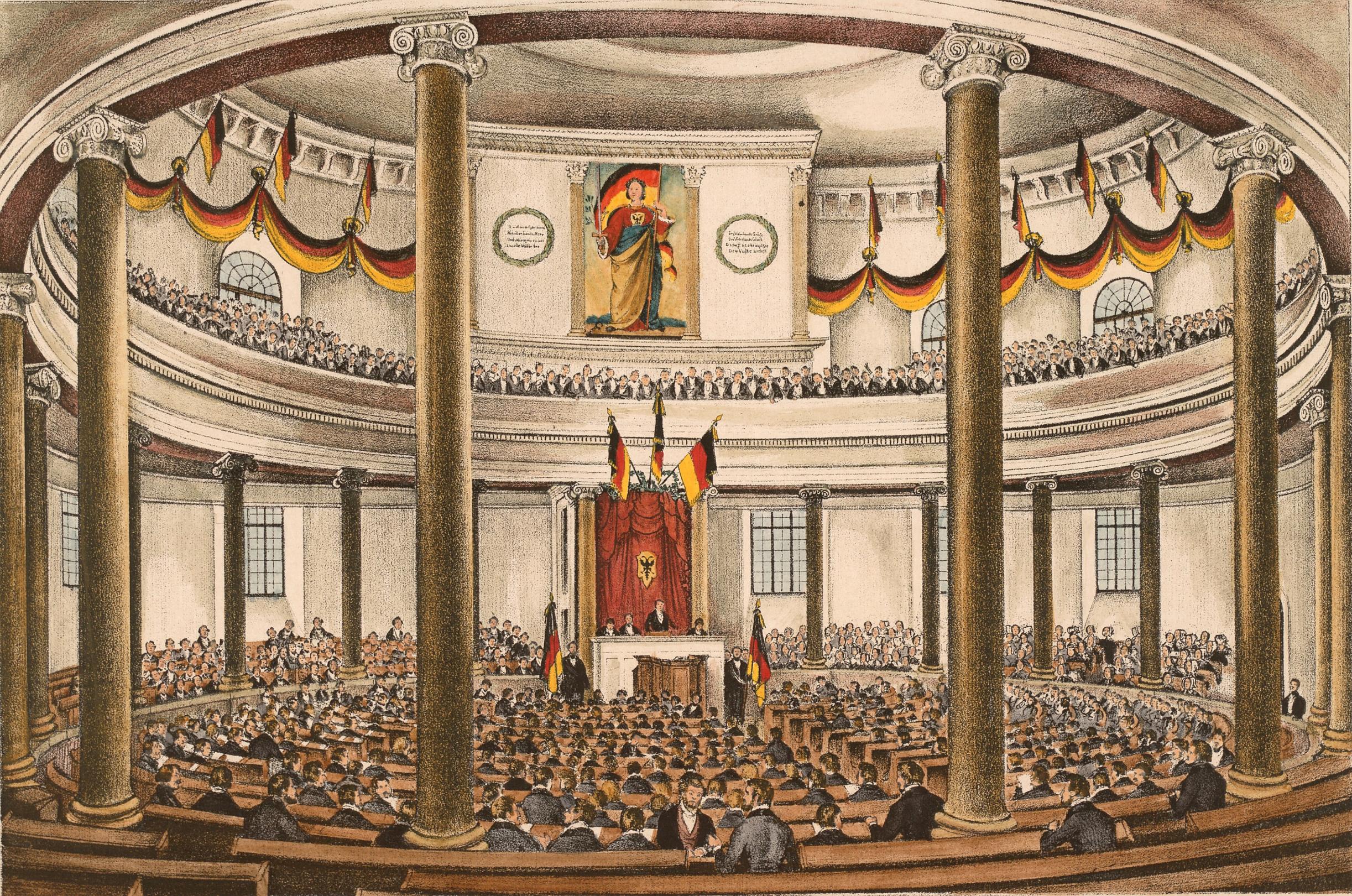 Zeitgenössige Lithografie der Nationalversammlung in der Paulskirche