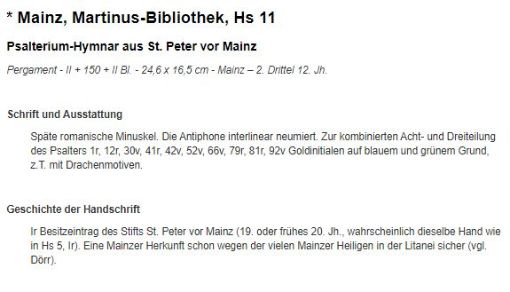 Ausschnitt Handschriftencensus RLP Martinus-Bibliothek Beschreibung Hs 11