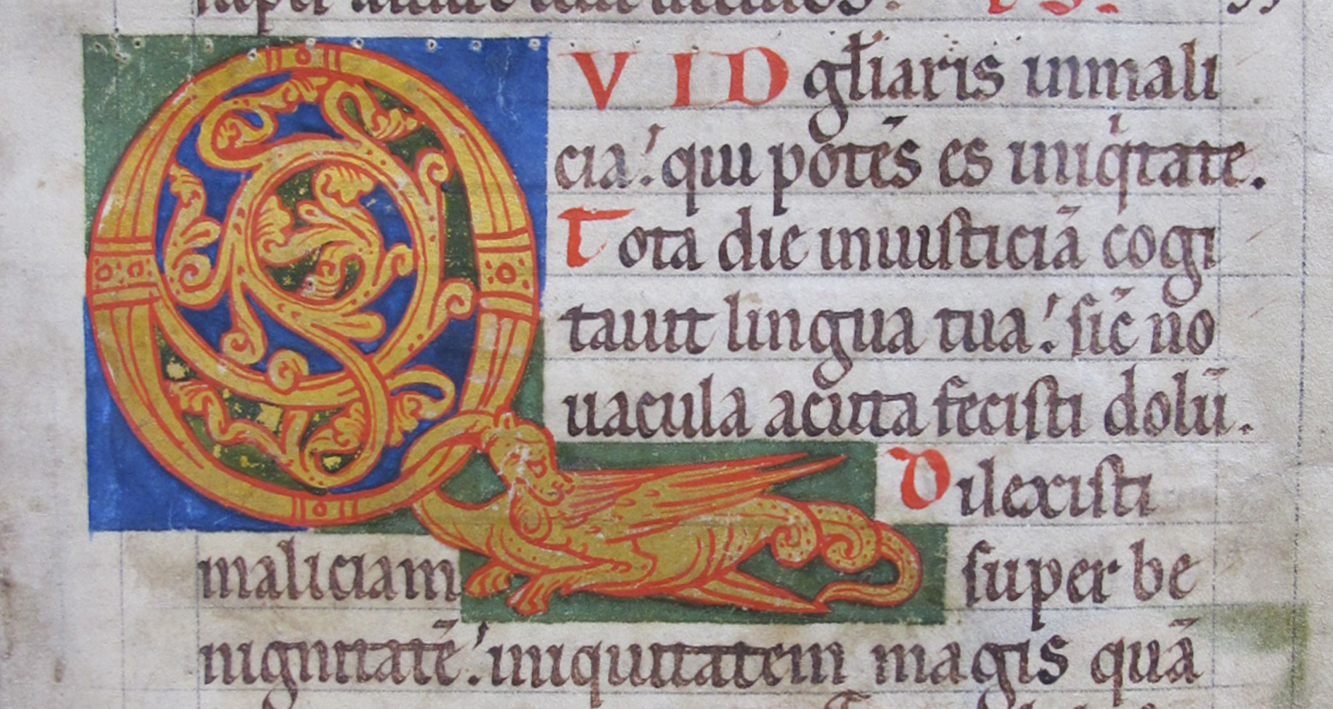 Goldinitiale mit Drachenmotiv / Quid gloriaris aus: Psalterium - Mainz, St. Peter - 12. Jh. (c) Martinus-Bibliothek