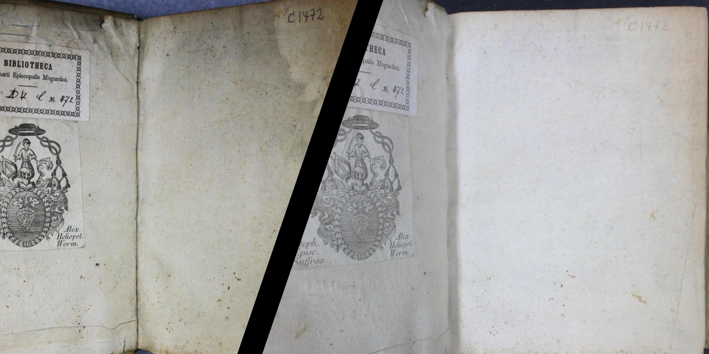Ein Buch aus der Würdtwein-Bibliothek vor und nach der Reinigung (Signatur: C/472)