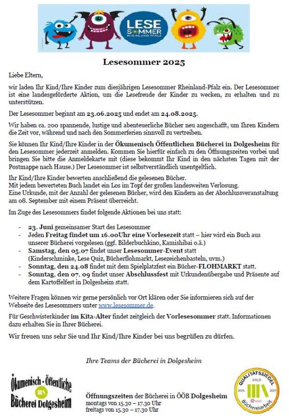 Elterninfo Lesesommer 2025 (c) Bücherei Dolgesheim