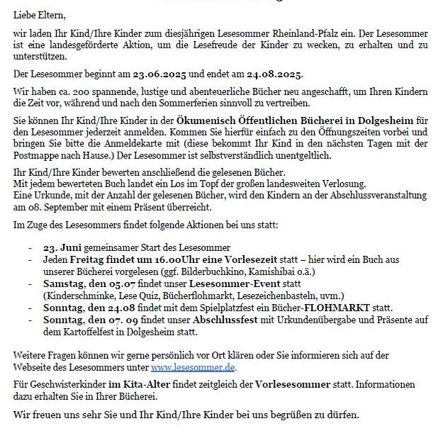 Elterninfo Lesesommer 2025