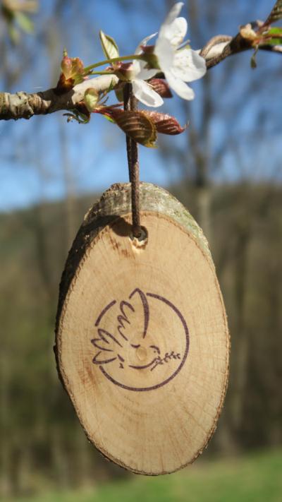 Holzscheibe mit Zeichnung einer Friedenstaube am Ast mit Blüten