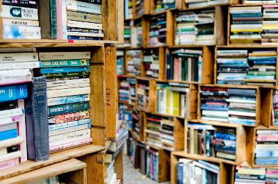 Bücher über Bücher in Kistenregalen