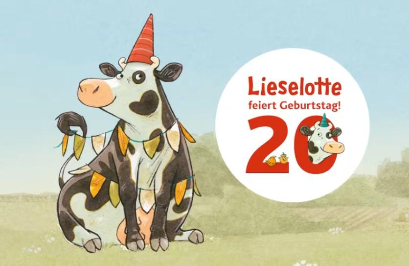 Postkuh Lieselotte mit Partyhütchen und Schriftzug 'Lieselotte feiert Geburtstag 20'
