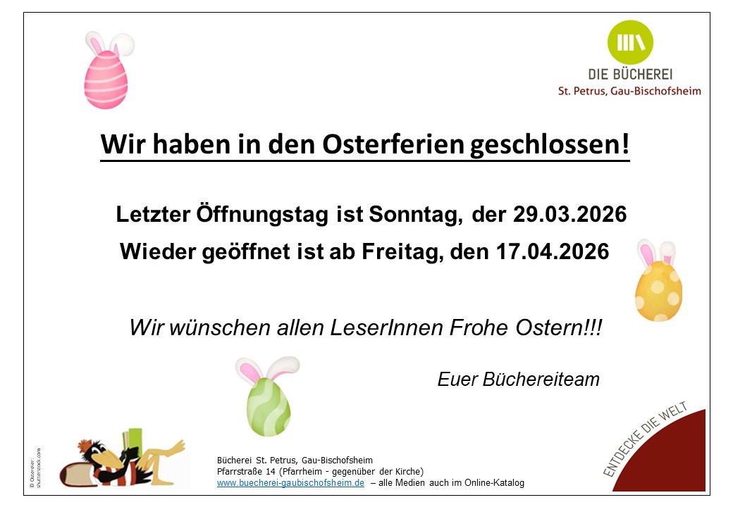 Schließung Osterferien 2026 (c) Bücherei St. Petrus