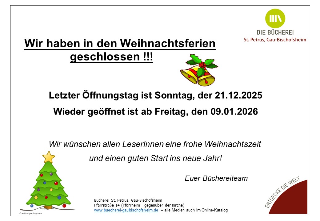 Schließung Weihnachstferien 2025 (c) Bücherei St. Petrus