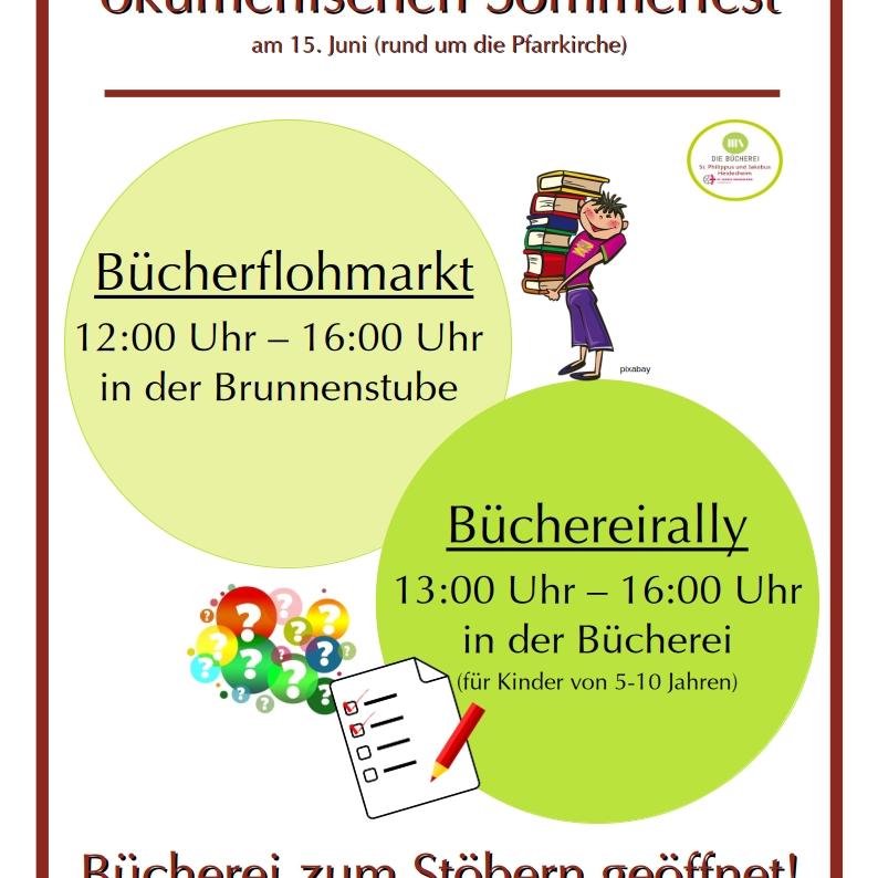 Plakat Ökumenisches Sommerfest 2025: Einladung zum Bücherflohmarkt und Büchereirally