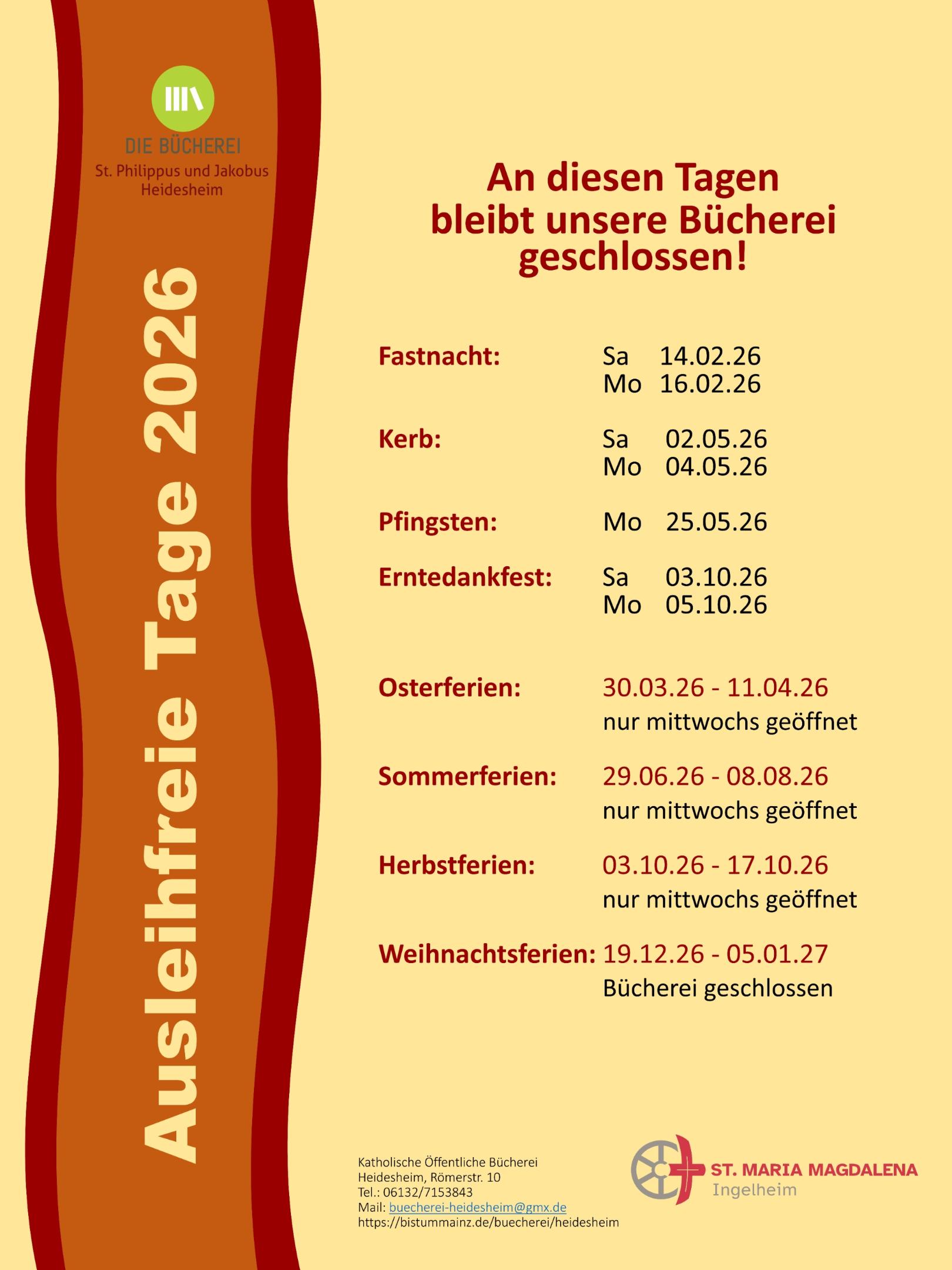 Schließungstage 2026 (c) KÖB Heidesheim