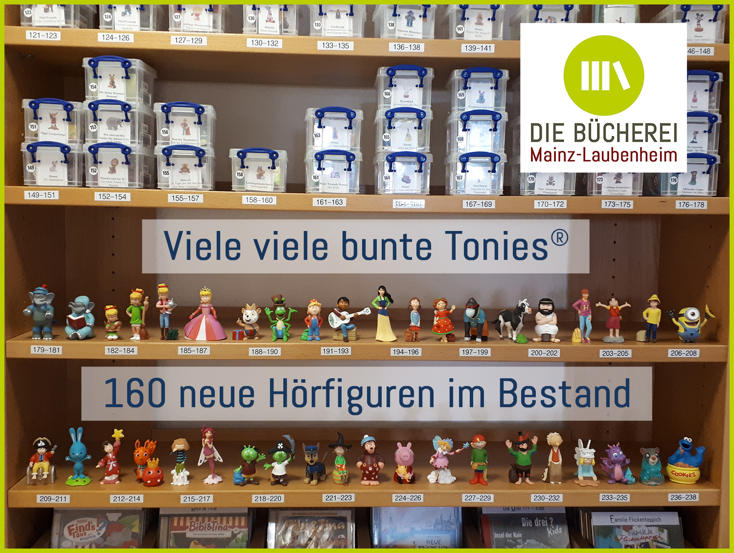 Die ersten 110 neuen Hörfiguren stehen bereits im Regal. (c) Die Bücherei Mainz-Laubenheim