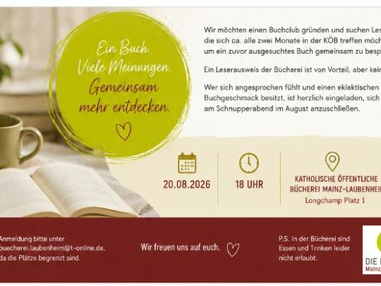 Neugründung Buchclub – Schnuppern am 20. August (c) Die Bücherei Mainz-Laubenheim