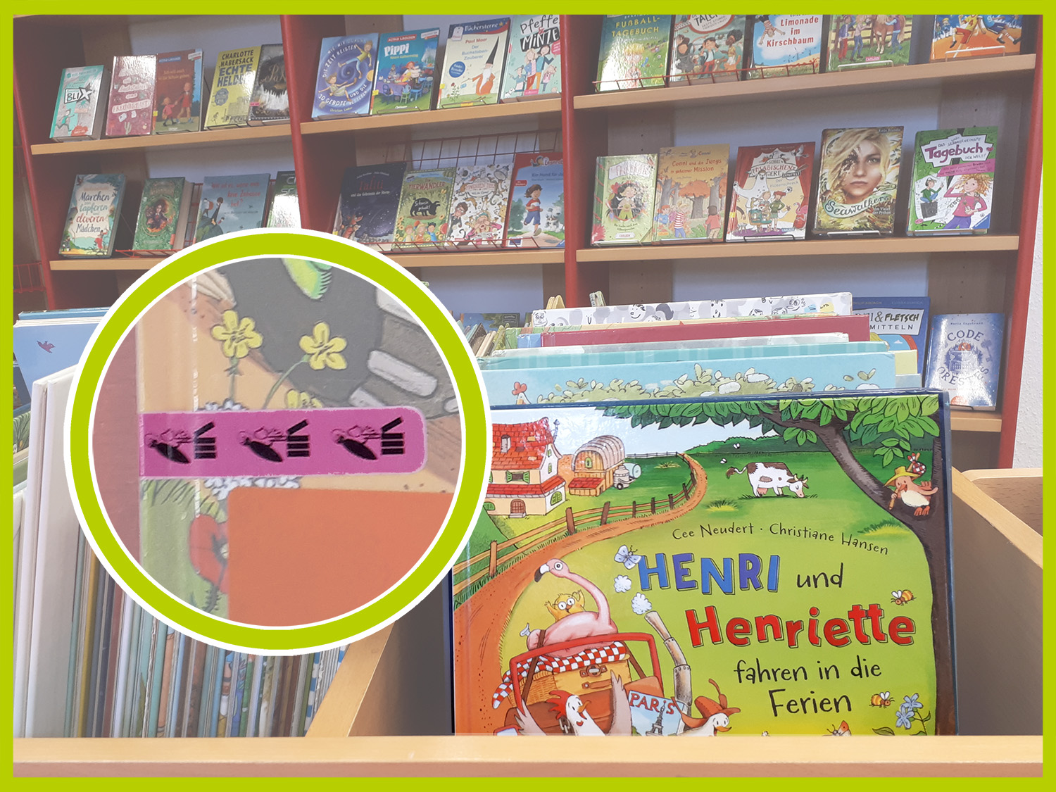 Erkennen können Sie die Bücher der Ergänzungsbücherei an den pinken Aufkleber-Bändchen. (c) Die Bücherei Mainz-Laubenheim
