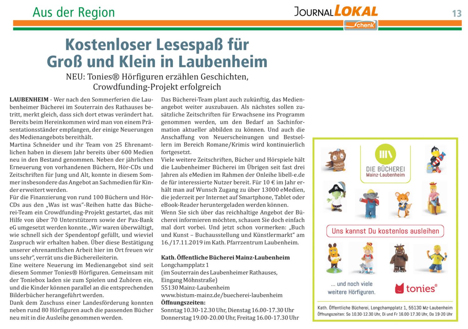 JournalLokal_2019-35_Tonies_Crowdfunding_Buecherei_Laubenheim (c) Zeitungsverlag Schenk