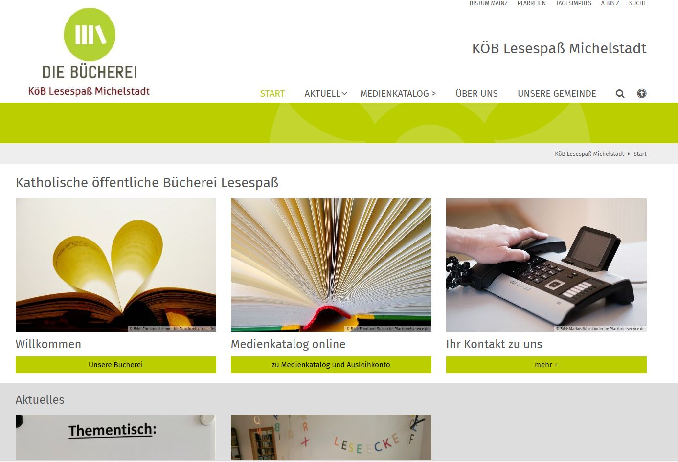 Muster der neuen Internetpräsentation der Bücherei Lesespaß