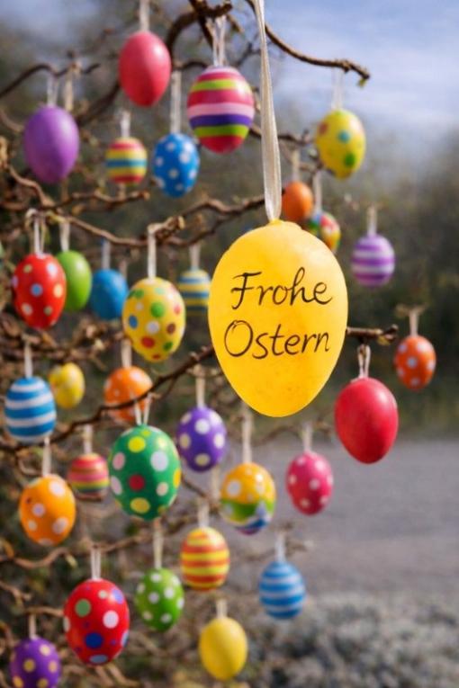 Bild mit Ostereiern, auf einem Ei steht der Text Frohe Ostern