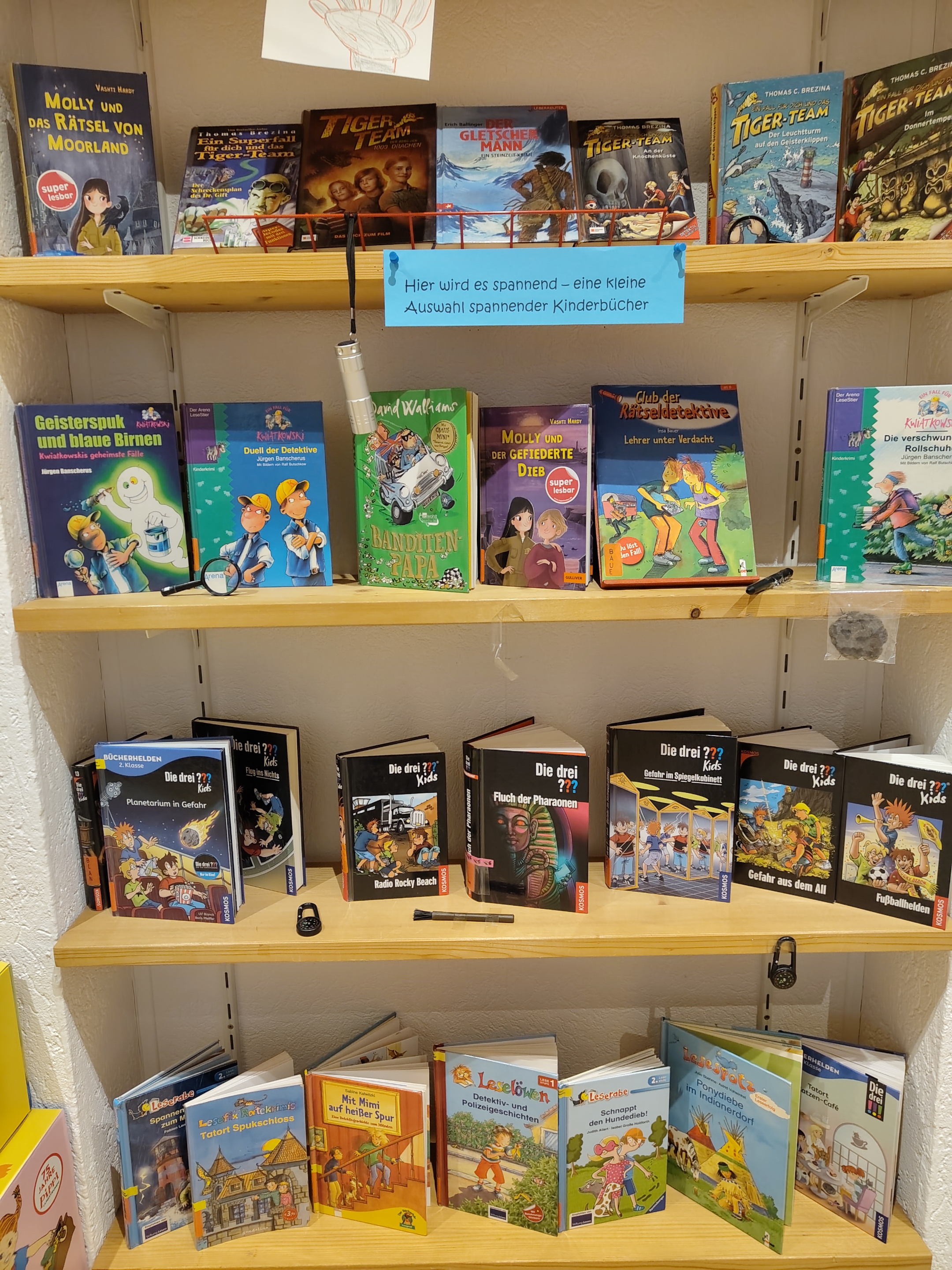 Eine Regal mit vielen Kinderbüchern mit Detektivgeschichten