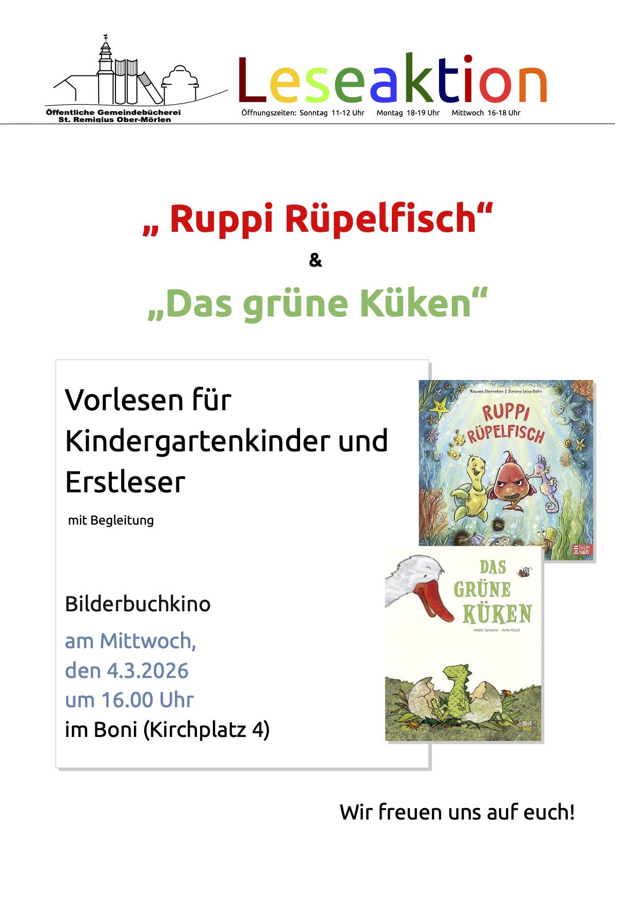 Leseaktion 4. März 2026 im Boni um 16 Uhr (c) Bücherei-Team