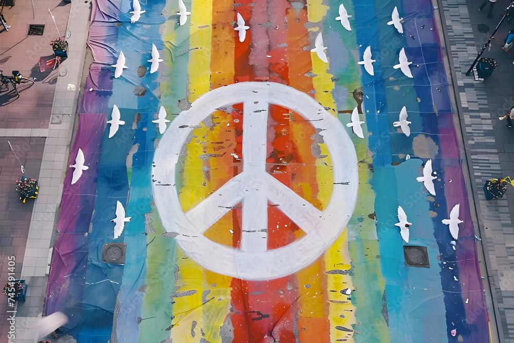 Friedenszeichen vor Regenbogenflagge