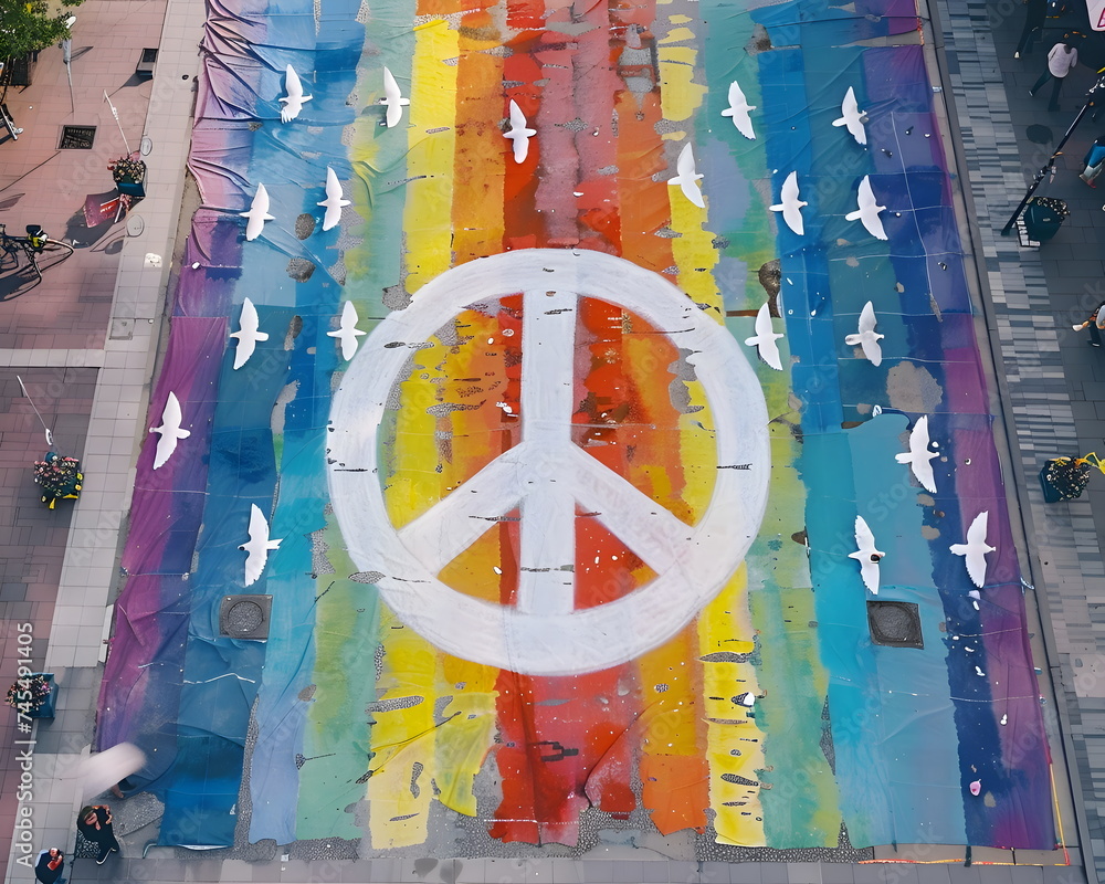 Friedenszeichen vor Regenbogenflagge
