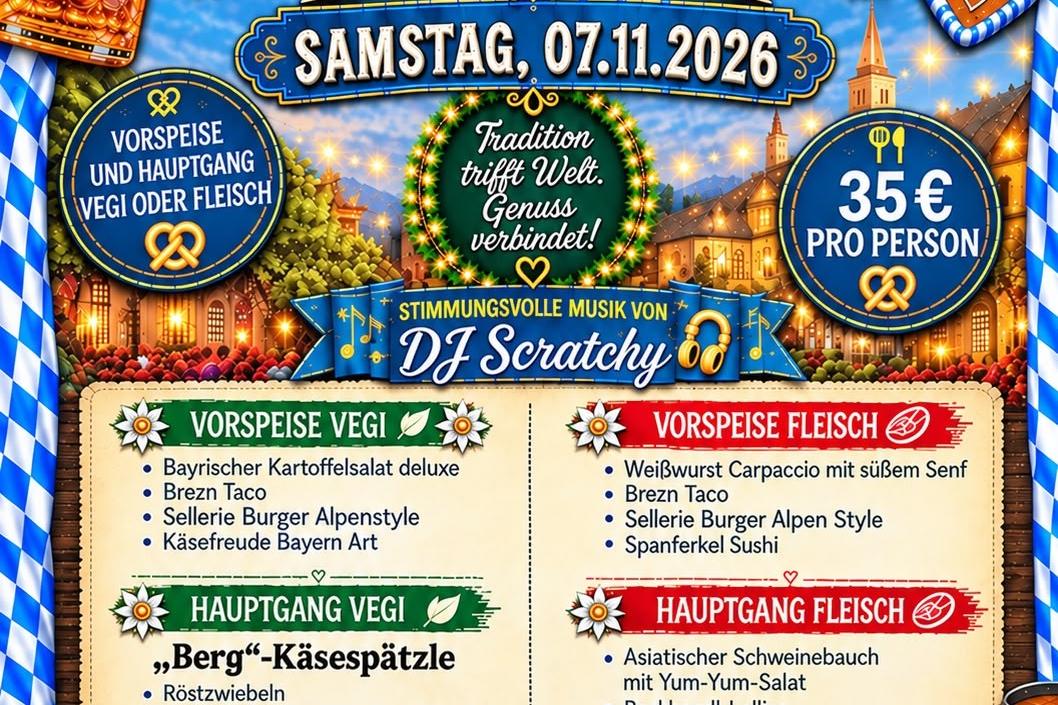 Plakat zur Veranstaltung O'zapft is, am Samstag 7.11.2026 im Kloster Jakobsberg mit Informationen zur Vorspeise, Hauptgang, Anmeldung, Kosten usw.