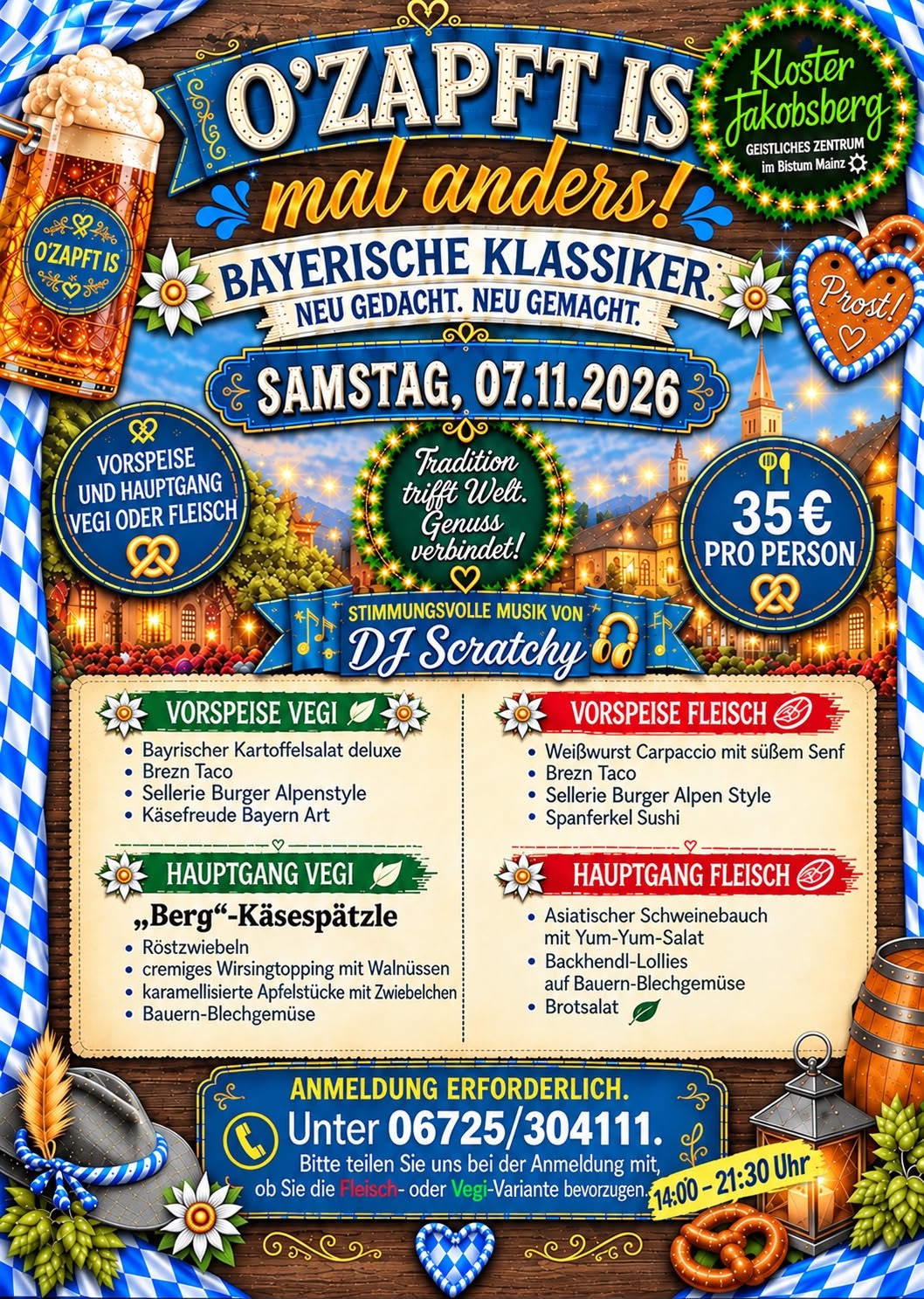 Plakat zur Veranstaltung O'zapft is, am Samstag 7.11.2026 im Kloster Jakobsberg mit Informationen zur Vorspeise, Hauptgang, Anmeldung, Kosten usw.