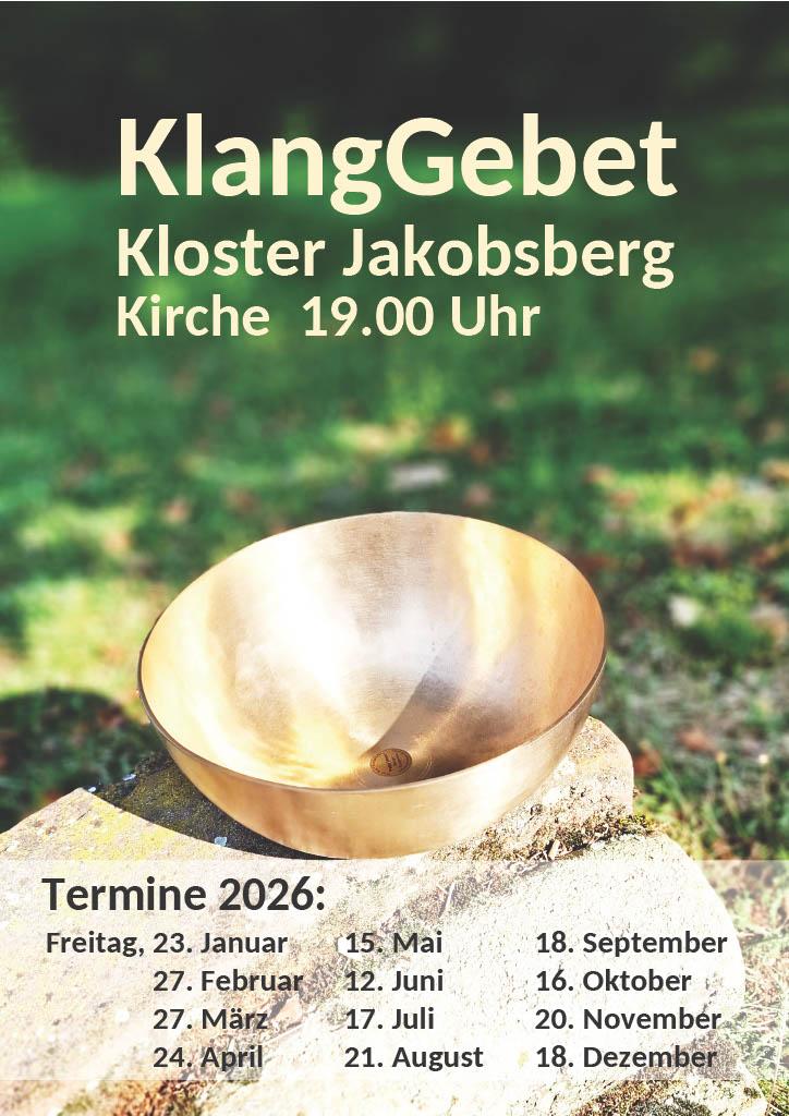 Plakat mit Terminen des Klang Gebetes, Klangschale vor grünem Hintergrund