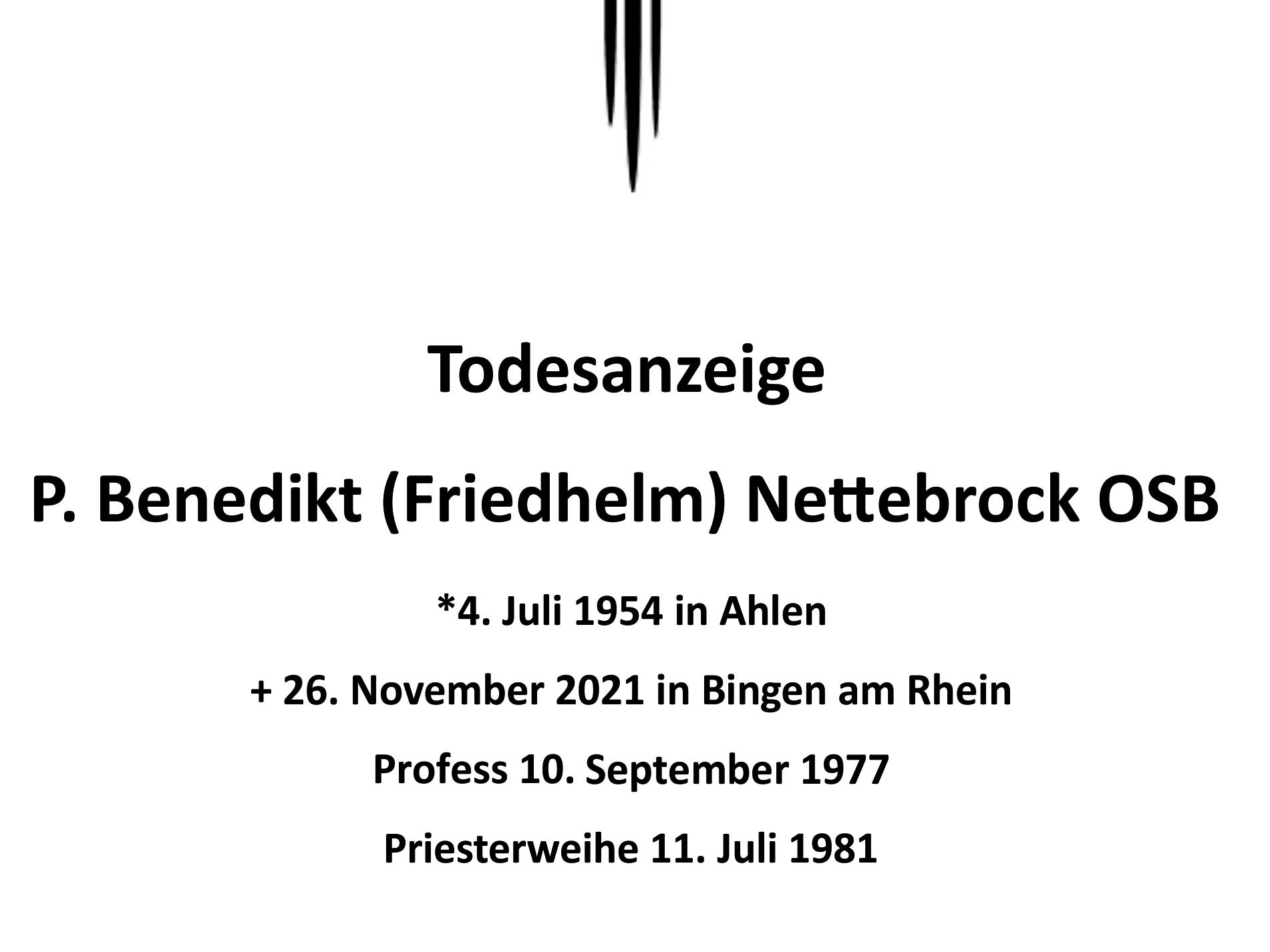 Todesanzeige P. Benedikt (Friedhelm) Nettebrock OSB (c) Kloster Jakobsberg