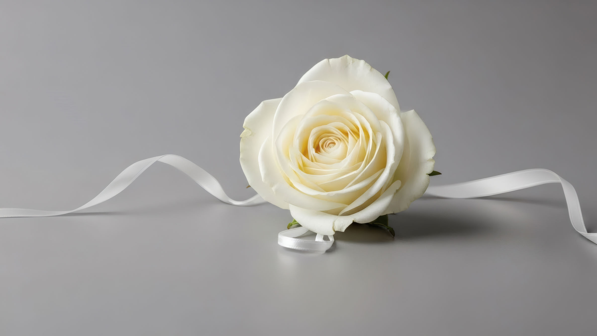 Weiße Rose mit fließendem Satinband auf grauem Hintergrund zum Internationalen Holocaust-Gedenktag