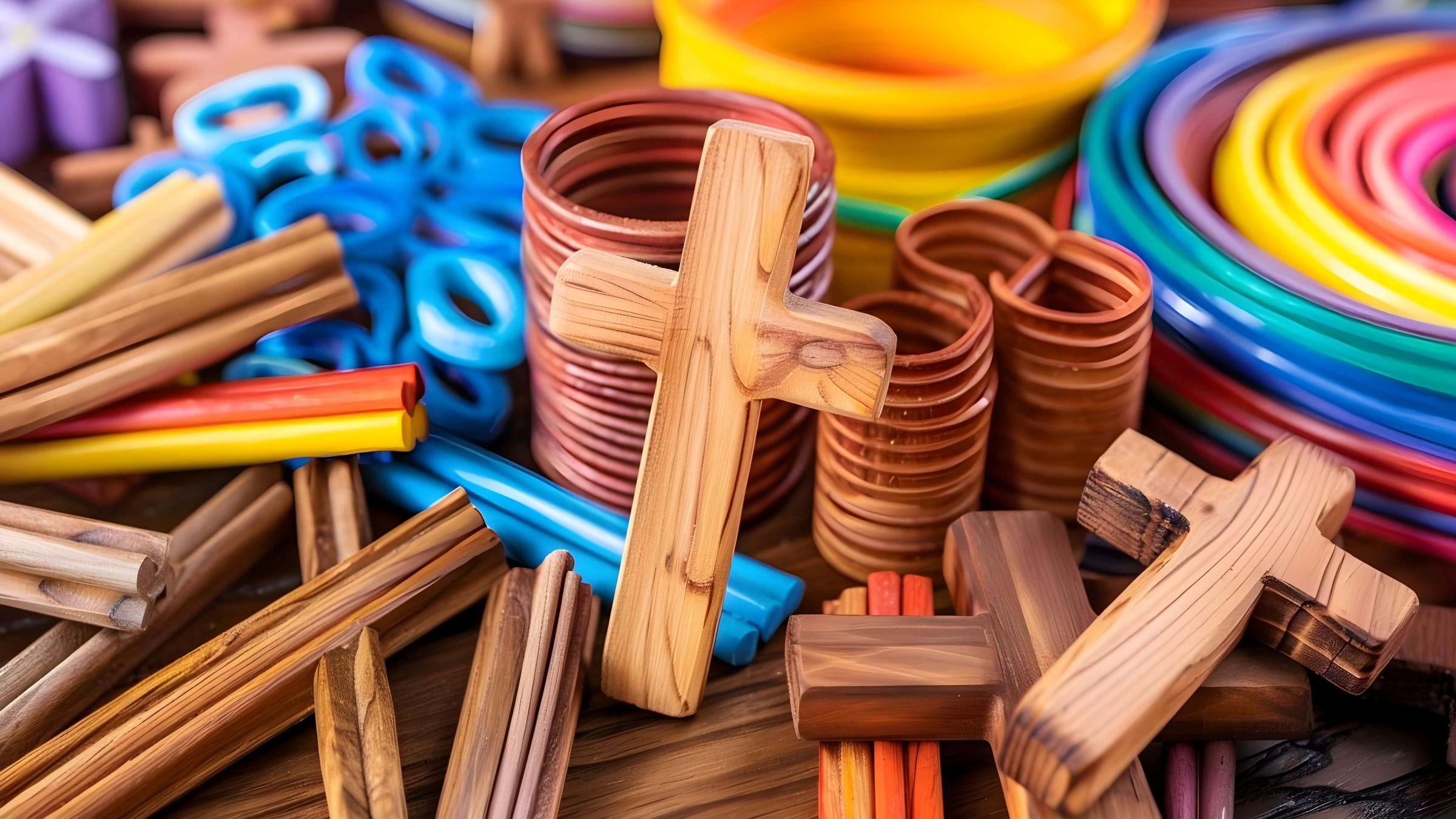 Holzkreuze und Bastelmaterialien