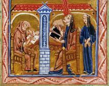 Hildegard empfängt im Beisein ihres Sekretärs Volmar und ihrer Vertrauten Richardis eine Vision, Liber Divinorum Operum, um 1220/30, Lucca, Biblioteca Statale, Cod. 1942