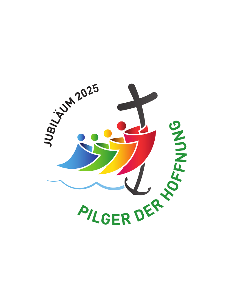 Logo für das Heilige Jahr 2025 Motto Pilger der Hoffnung, darauf 4 symbolische Personen in Blau, Grün, Gelb, Rot, die gemeinsam ein Kreuz tragen