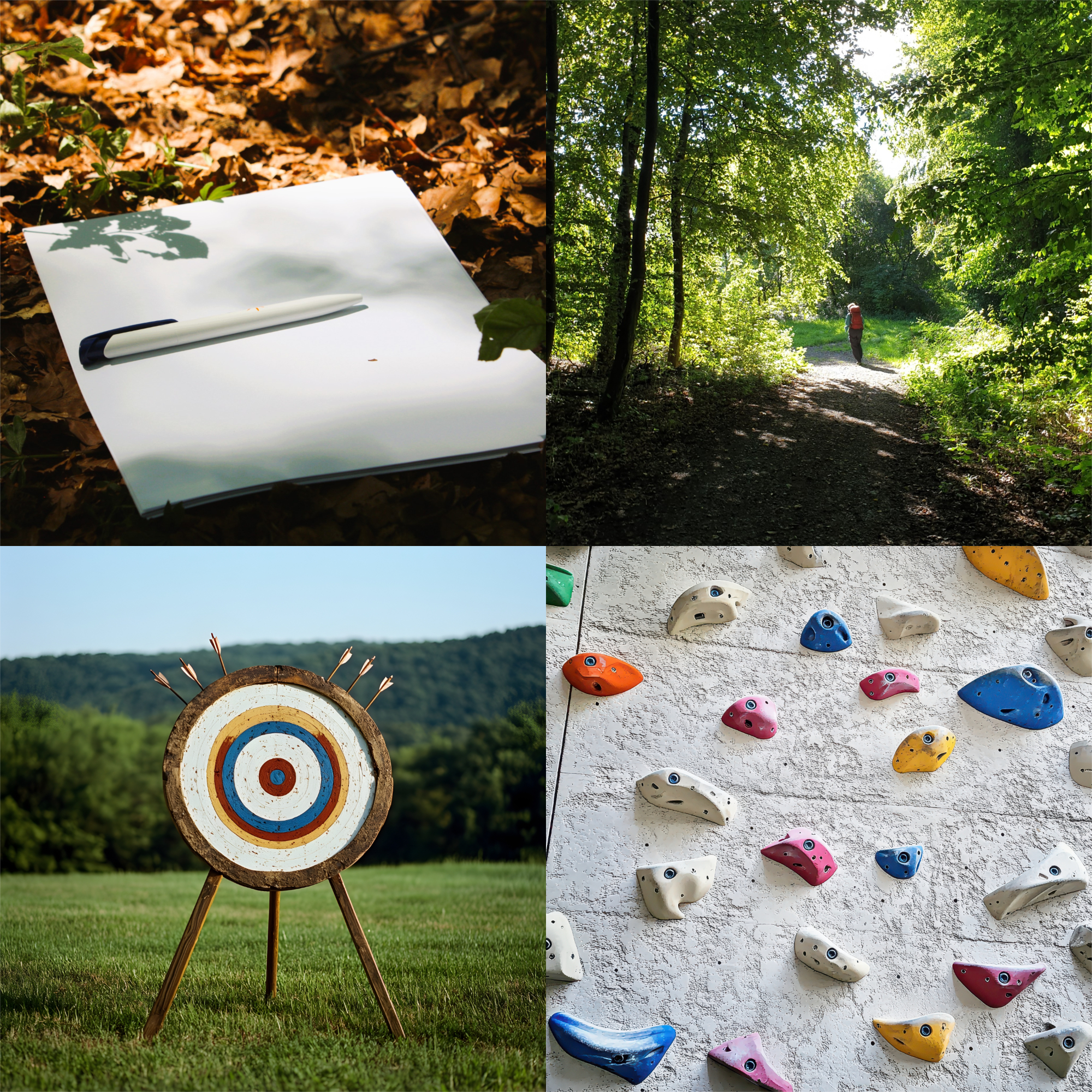 Eine Collage aus vier Bildern: Links oben auf einem Waldboden ein weißes Blatt Papier mit einem Stift, rechts oben eine Person im Wald bei einem abzweigenden Weg, links unten auf einer Wiese eine Zielscheiben für Bogenschießen mit mehreren Pfeilen am Rand, rechts unten mehrere bunte Klettergriffe auf einer Betonwand.