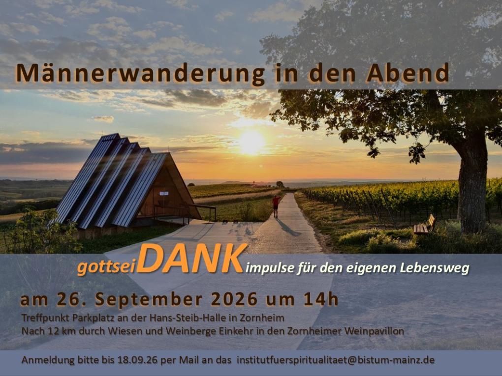Plakat zur Männerwanderung, Zornheimer Weinpavillion mit Sonnenuntergang