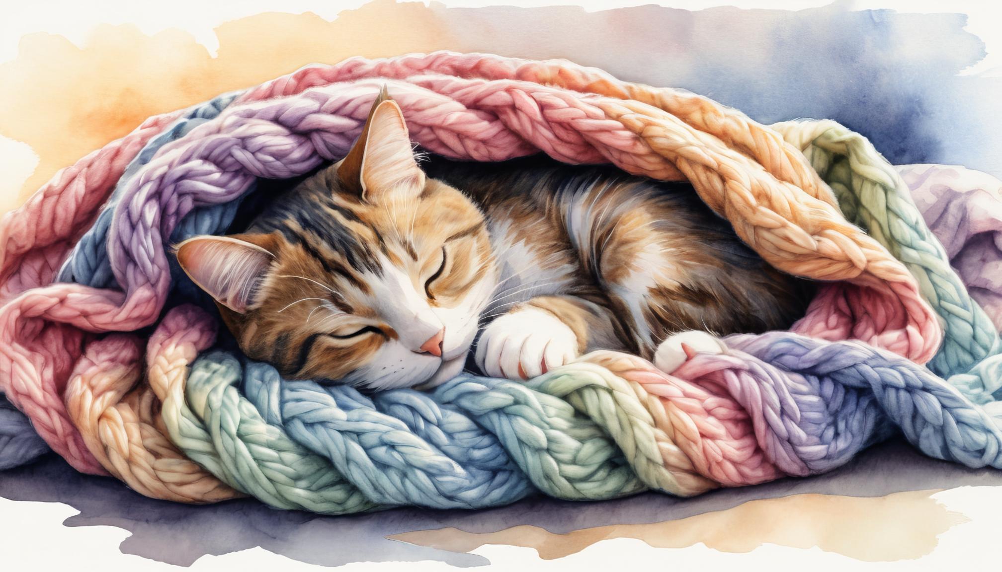 Das Bild zeigt eine schlafende Katze in einem bunten Wollschal eingerollt wie in einem Nest.
