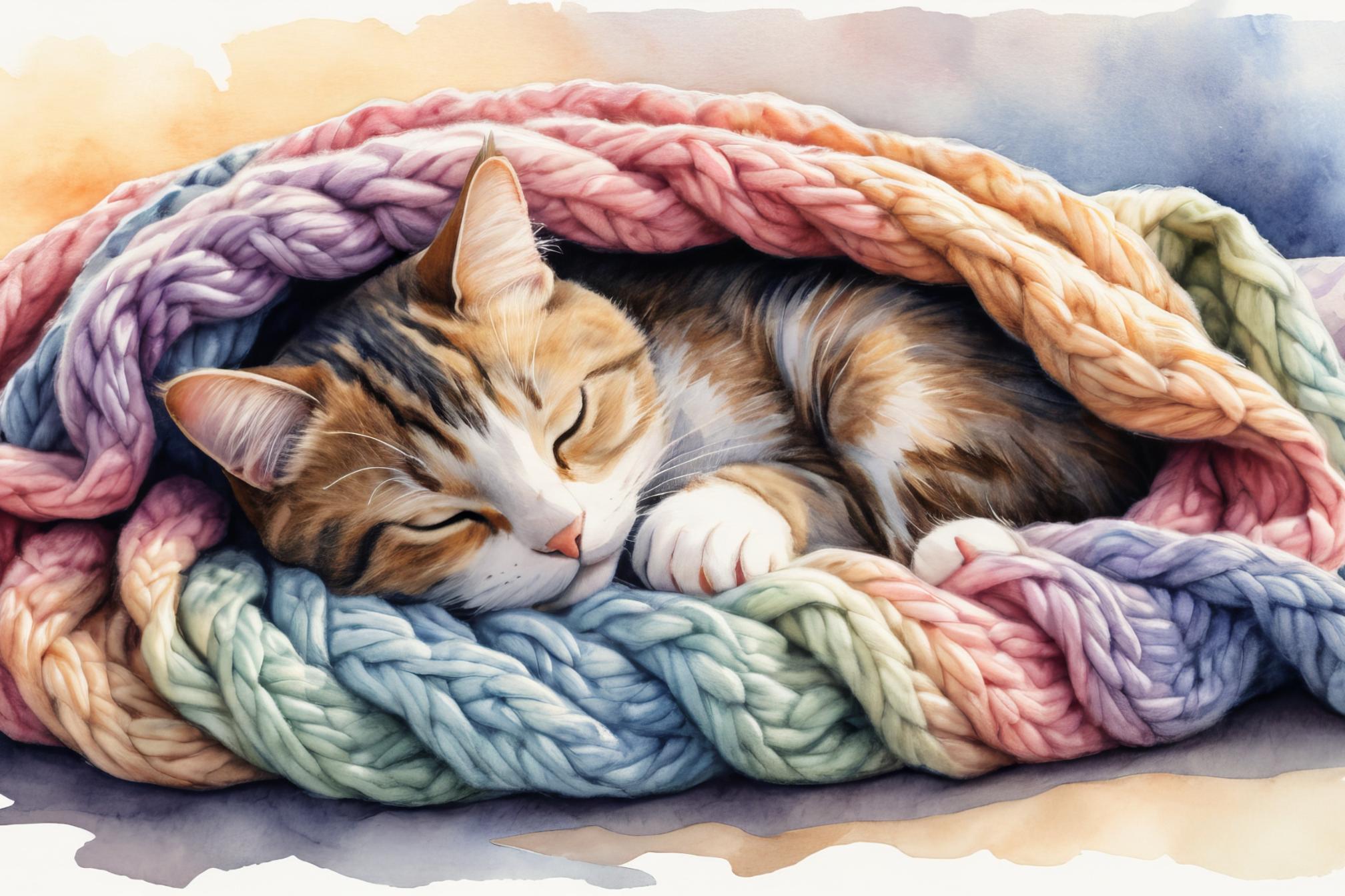 Das Bild zeigt eine schlafende Katze in einem bunten Wollschal eingerollt wie in einem Nest.
