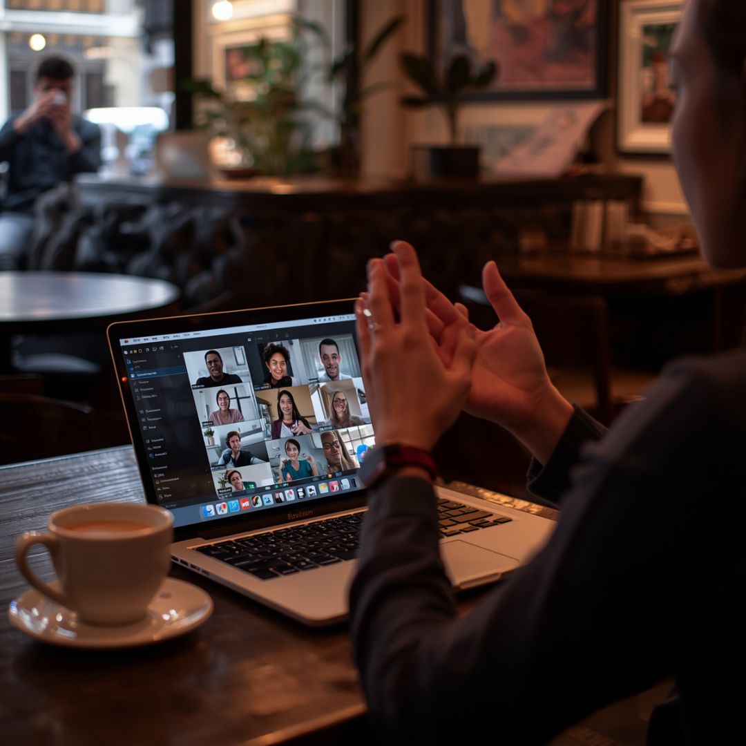 Teilnehmende Person schaut auf den Bildschirm eines aufgeklappten Laptops