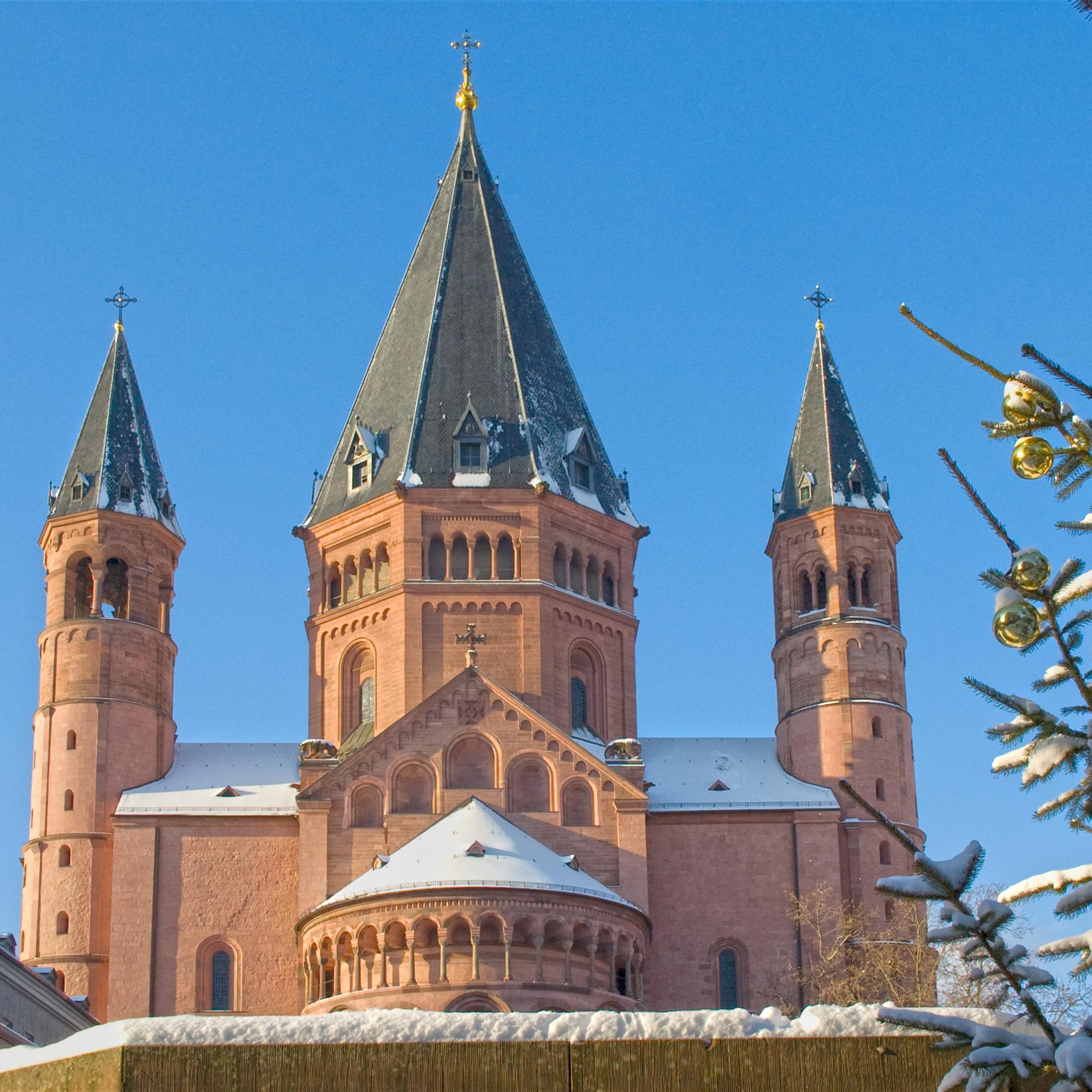 Mainzer Dom vom Osten mit Schnee und Weihnachtsbaum bei Tag