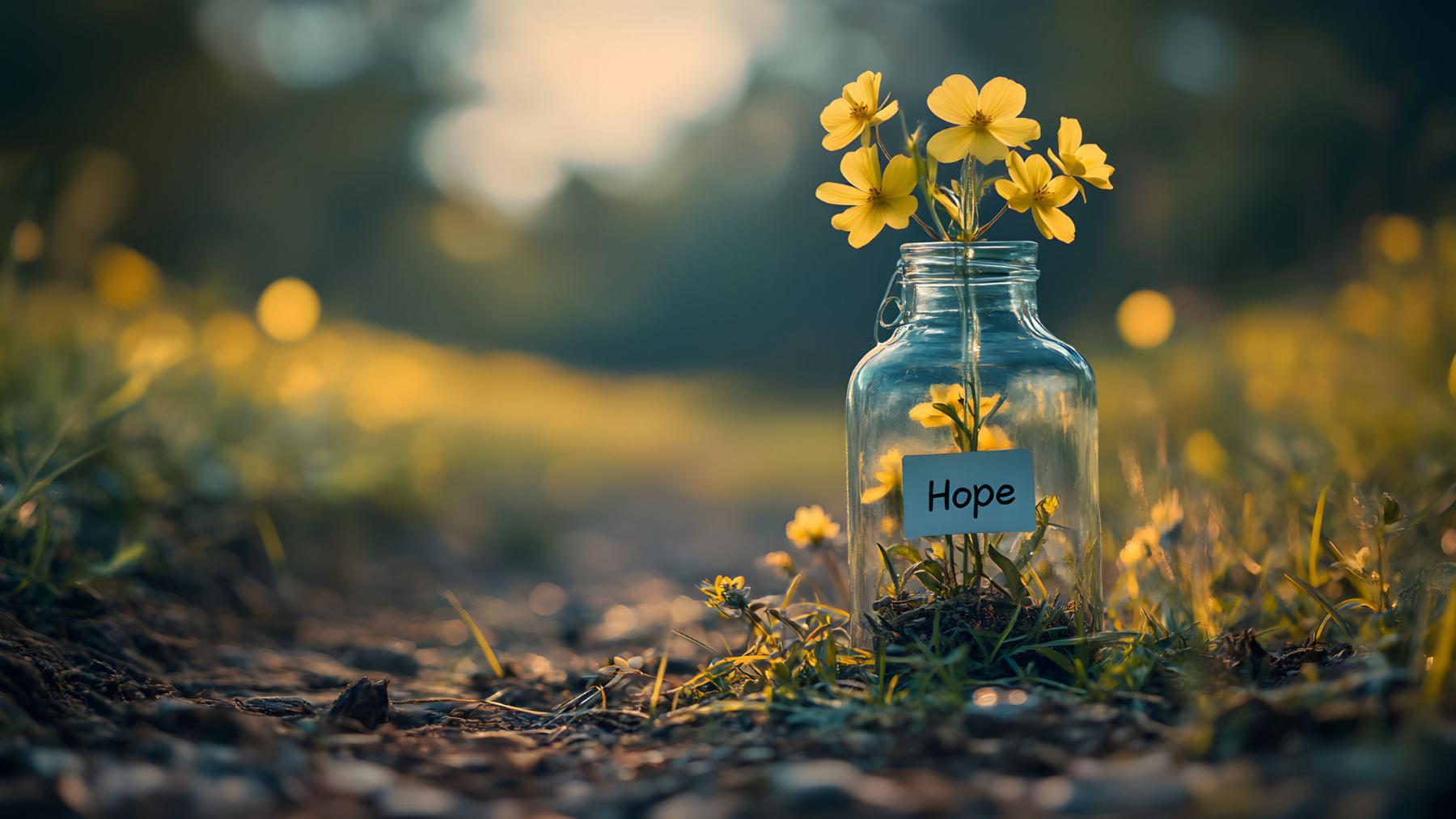 einzelne gelbe Blume steht in einer kleinen Vase aug einem Feldweg, im Hintergrund eine verschwommen dargestellte Landschaft mit einer Wiese aus ebendiesen Blumen