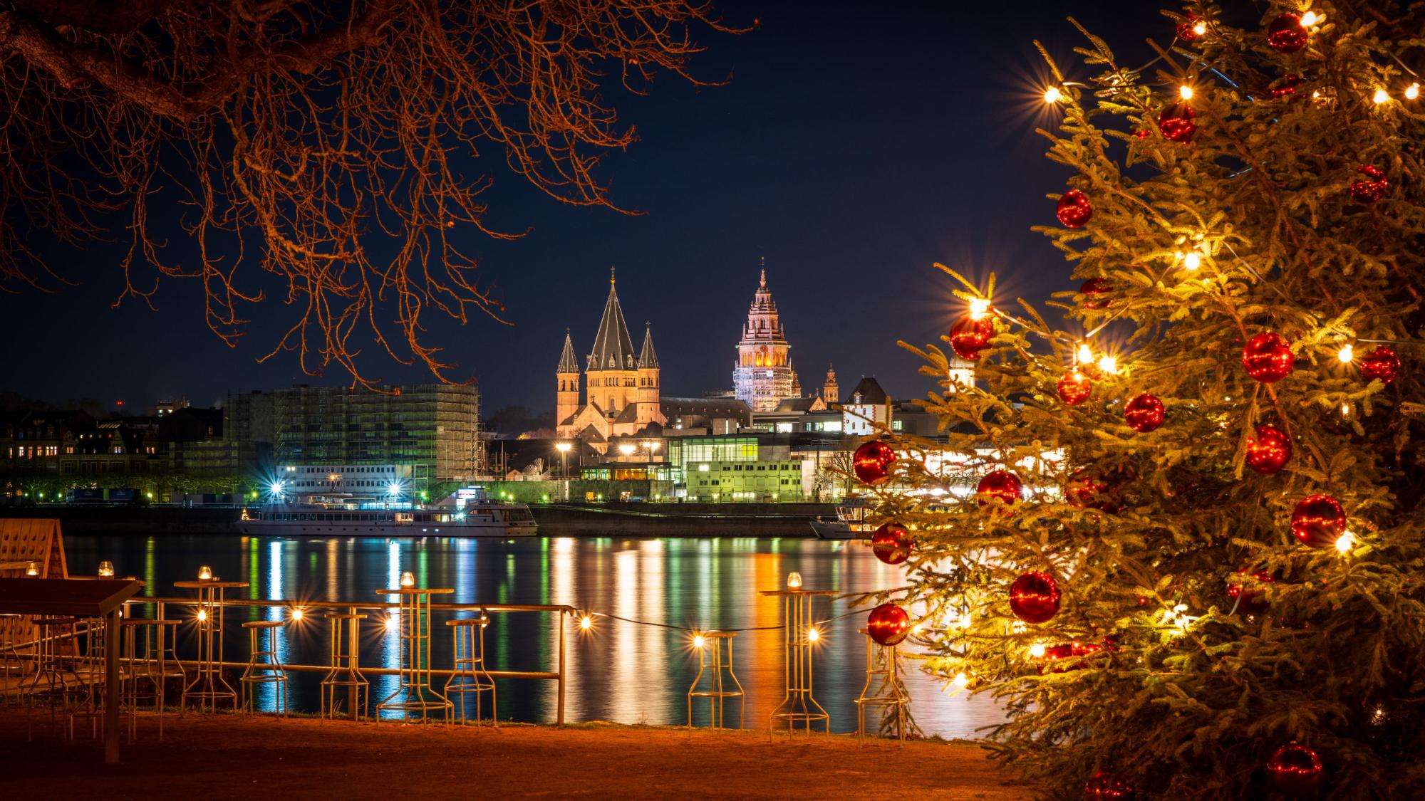 Mainz mit Dom Rhein Weihnachtsbaum (c) Darius Metzner