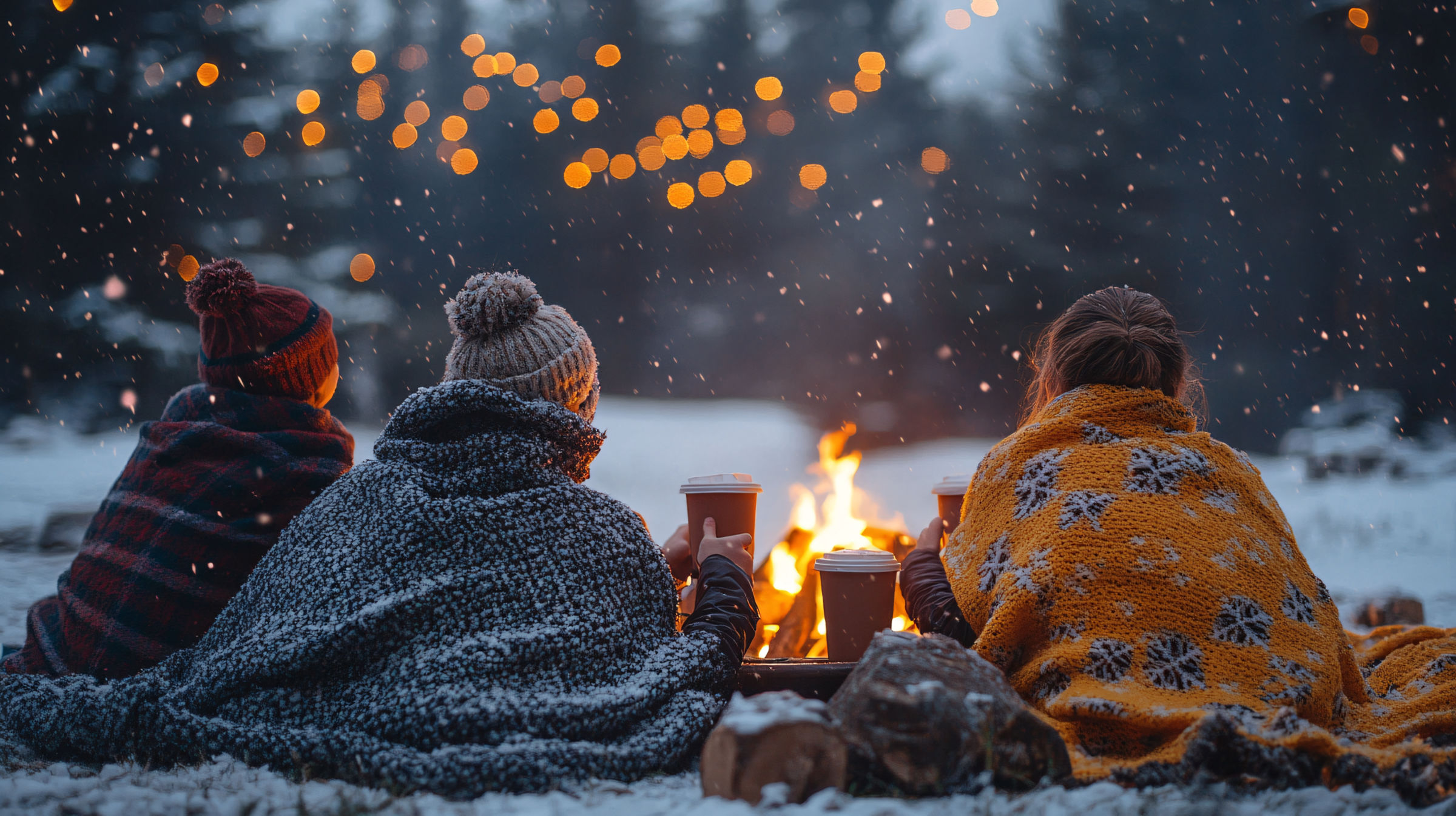 drei Menschen von hinten, die im Schnee um ein Lagerfeuer sitzen, die Stimmung ist angenehm heimelig