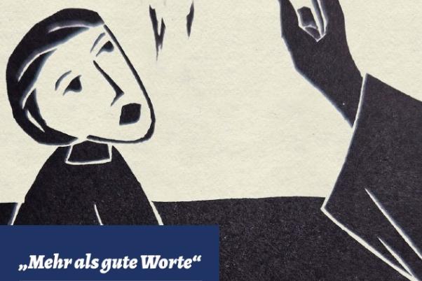 Umschlag des Flyers zum Studientag Segensfeiern am 28.20.2026 in Münster/Westfalen mit einer segnenden Hand und einer Person, die gesegnet wird