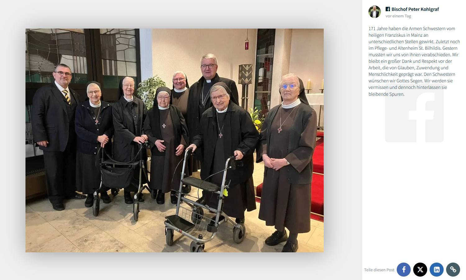 Nachricht auf der Facebookseite unseres Bischofs