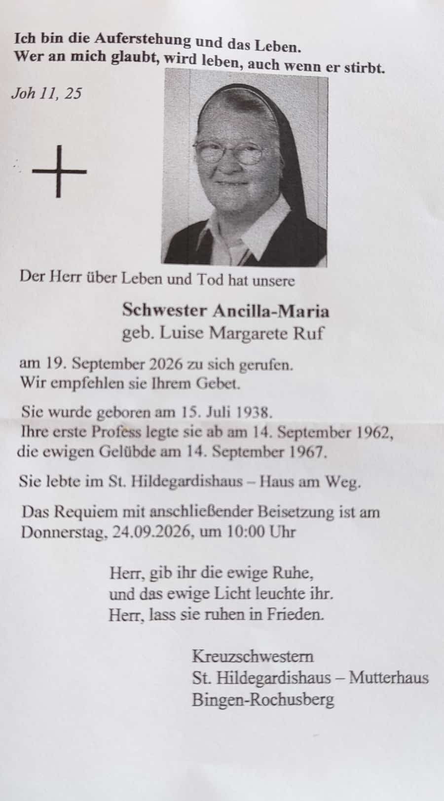 Todesanzeige von Sr. Ancilla-Maria